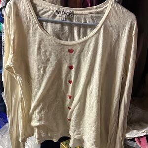 Wildfox Cream Long Sleeve Top with Red Hearts S